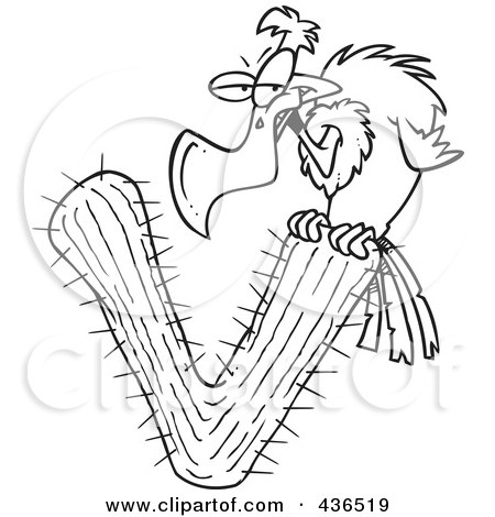 Royalty-Free (RF) Clipart Illustration of a Line Art Design Of A Vulture Perched On A Letter V Cactus by toonaday
