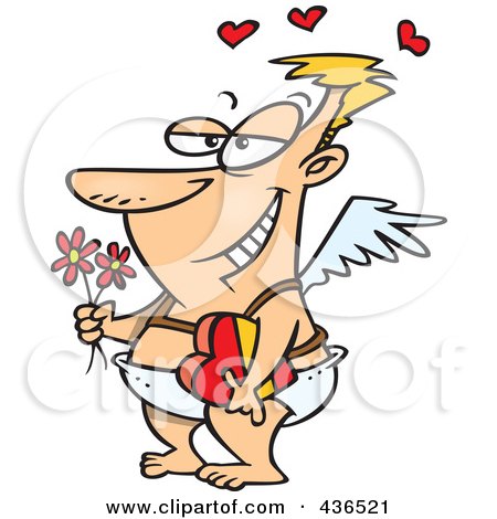 Royalty-Free (RF) Clipart Illustration of a Romantic Cupid Holding A Box Of Valentine Candy And Flowers by toonaday