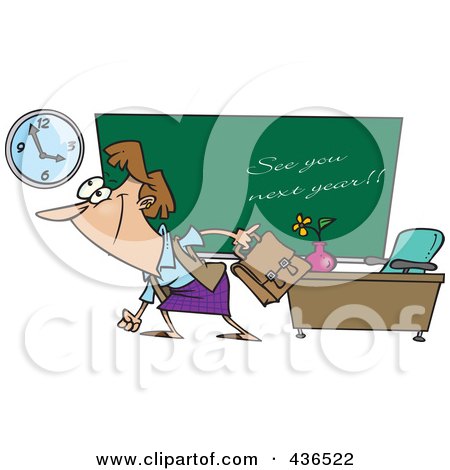 Royalty-Free (RF) Clipart Illustration of a Female Teacher Leaving Class On The Last Day Of School by toonaday