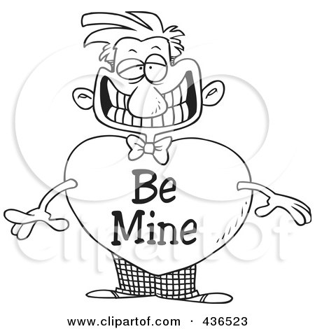 Royalty-Free (RF) Clipart Illustration of a Line Art Design Of A Grinning Man With A Be Mine Valentine Heart Body by toonaday