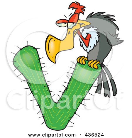 Royalty-Free (RF) Clipart Illustration of a Vulture Perched On A Letter V Cactus by toonaday