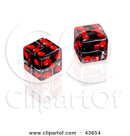 Clipart Illustration of Two Black And Red Dice On A Reflective White Surface by stockillustrations