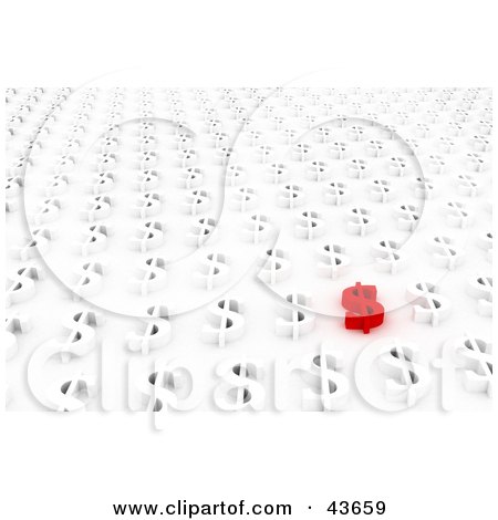 Clipart Illustration of One Unique Red Dollar Sign Standing Out From A Background Of Rows Of White Dollar Signs by stockillustrations