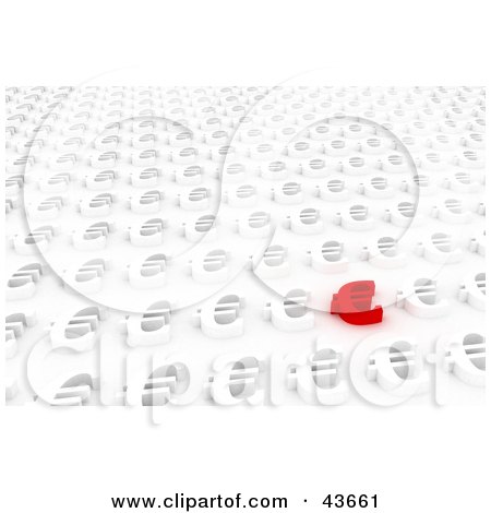 Clipart Illustration of One Unique Red Euro Sign Standing Out From A Background Of Rows Of White Dollar Signs by stockillustrations