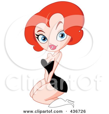Royalty-Free (RF) Clipart Illustration of a Sexy Retro Red Haired Pinup Woman Kneeling In A Black Dress by yayayoyo