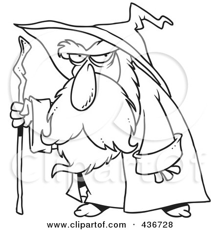 Royalty-Free (RF) Clipart Illustration of a Line Art Design Of An Old Wizard Using His Cane by toonaday