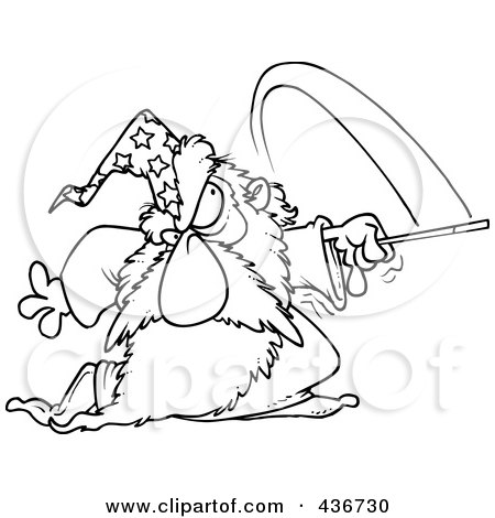 Royalty-Free (RF) Clipart Illustration of a Line Art Design Of A Wizard Using His Wand by toonaday
