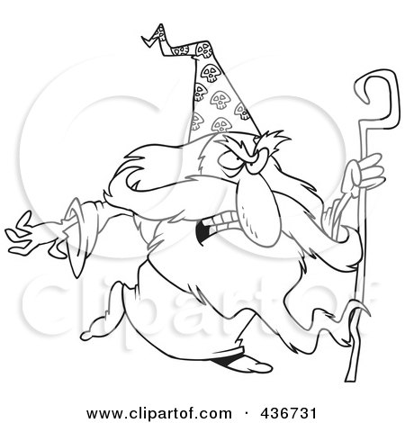 Royalty-Free (RF) Clipart Illustration of a Line Art Design Of A Mad Wizard With A Cane by toonaday