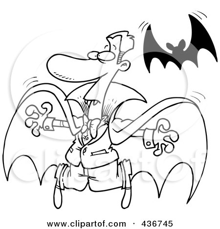 Royalty-Free (RF) Clipart Illustration of a Line Art Design Of A Vampire And Flying Bat by toonaday