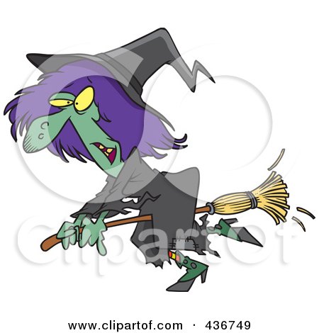 Royalty-Free (RF) Clipart Illustration of a Ragged Witch Flying On Her Broomstick by toonaday
