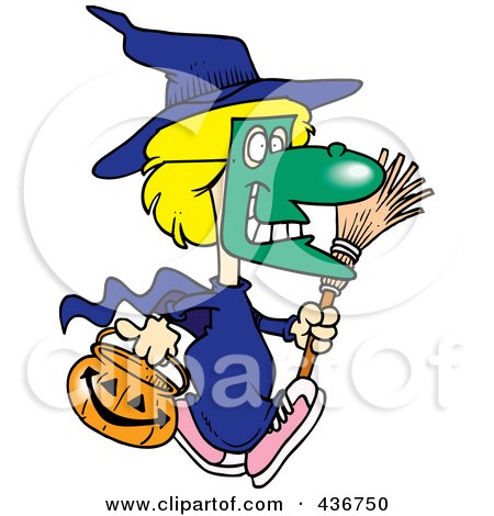 Royalty-Free (RF) Clipart Illustration of a Halloween Witch Girl Carrying A Pumpkin Basket by toonaday