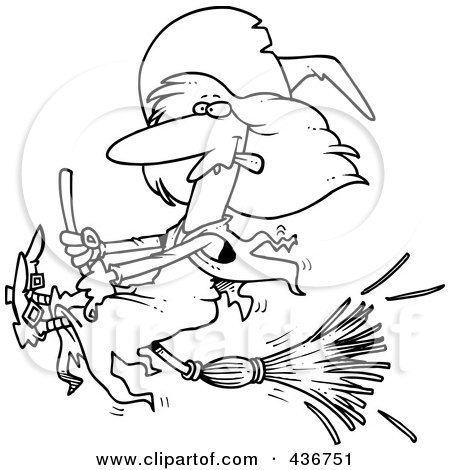 Royalty-Free (RF) Clipart Illustration of a Line Art Design Of A Witch Halting Her Broomstick by toonaday