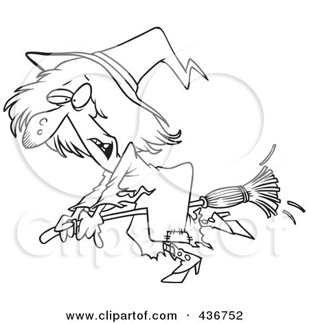 Royalty-Free (RF) Clipart Illustration of a Line Art Design Of A Ragged Witch Flying On Her Broomstick by toonaday