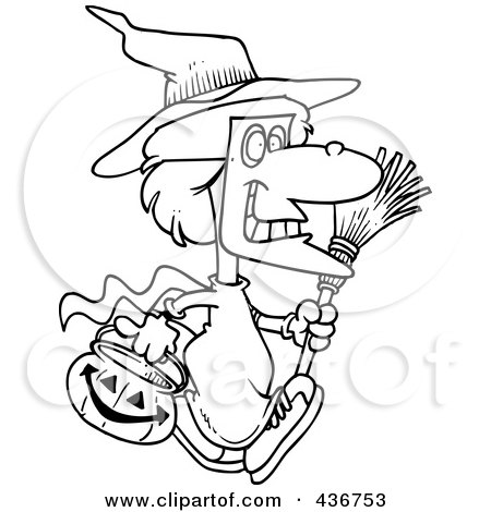 Royalty-Free (RF) Clipart Illustration of a Line Art Design Of A Halloween Witch Girl Carrying A Pumpkin Basket by toonaday