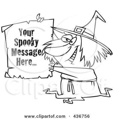 Royalty-Free (RF) Clipart Illustration of a Line Art Design Of A Witch Holding Up A Piece Of Paper With Sample Text by toonaday