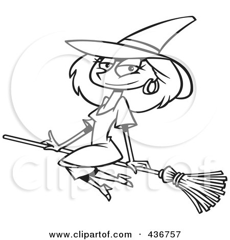 Royalty-Free (RF) Clipart Illustration of a Line Art Design Of A Beautiful Witch Sitting On Her Broomstick by toonaday