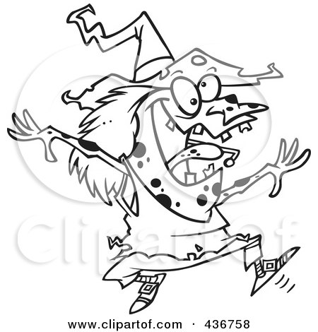 Royalty-Free (RF) Clipart Illustration of a Line Art Design Of An Energetic Witch Jumping by toonaday