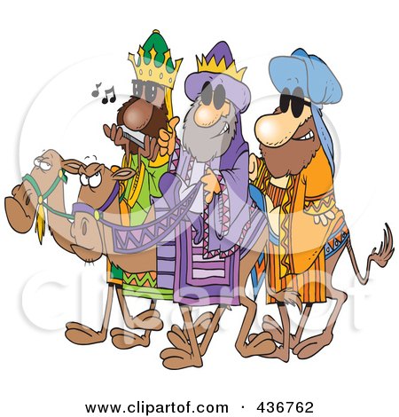 Royalty-Free (RF) Clipart Illustration of Three Wise Dudes Wearing Shades And Riding Camels by toonaday