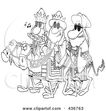 Royalty-Free (RF) Clipart Illustration of a Line Art Design Of Three Wise Dudes Wearing Shades And Riding Camels by toonaday
