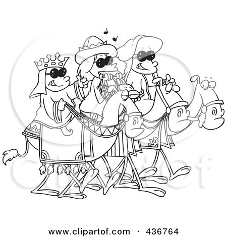 Royalty-Free (RF) Clipart Illustration of a Line Art Design Of Three Wise Kids Wearing Shades And Riding Camels by toonaday
