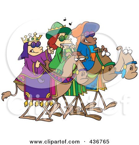Royalty-Free (RF) Clipart Illustration of Three Wise Kids Wearing Shades And Riding Camels by toonaday