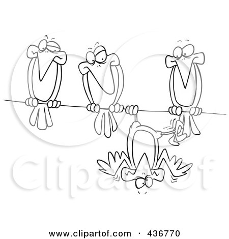 Royalty-Free (RF) Clipart Illustration of a Line Art Design Of A Silly Bird Hanging Upside Down On A Wire By His Friends by toonaday