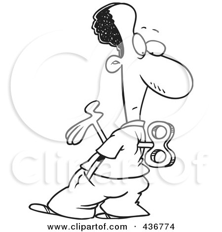 Royalty-Free (RF) Clipart Illustration of a Line Art Design Of A Black Wind Up Businessman Holding A Hand Out And Looking At His Back by toonaday