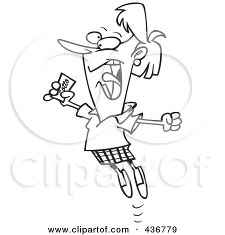 Royalty-Free (RF) Clipart Illustration of a Line Art Design Of A Happy Woman Holding A Winning Lottery Ticket by toonaday