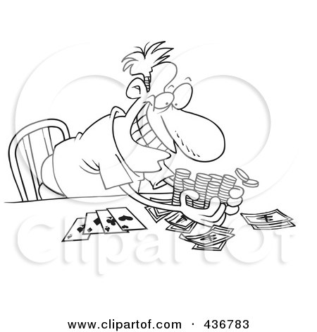 Royalty-Free (RF) Clipart Illustration of a Line Art Design Of A Man Taking His Poker Winnings by toonaday