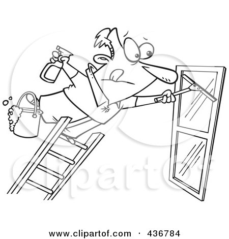 Royalty-Free (RF) Clipart Illustration of a Line Art Design Of A Window Cleaner Leaning Far Over A Ladder by toonaday