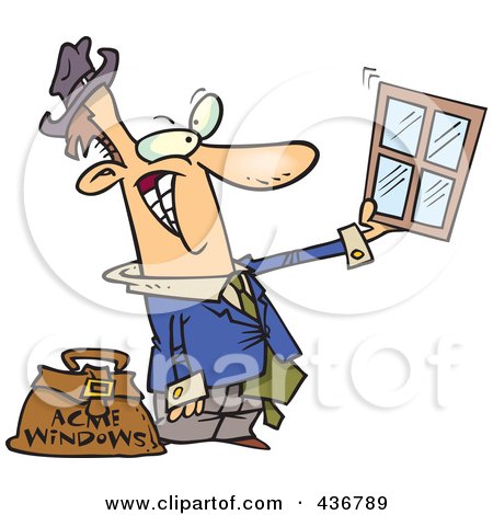 Royalty-Free (RF) Clipart Illustration of a Window Salesman Holding Up A Window by toonaday