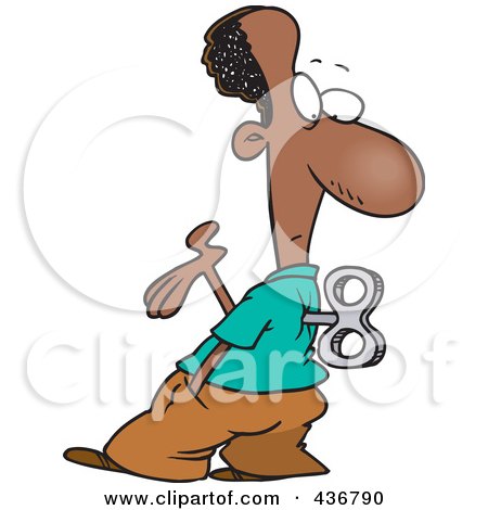 Royalty-Free (RF) Clipart Illustration of a Black Wind Up Businessman Holding A Hand Out And Looking At His Back by toonaday