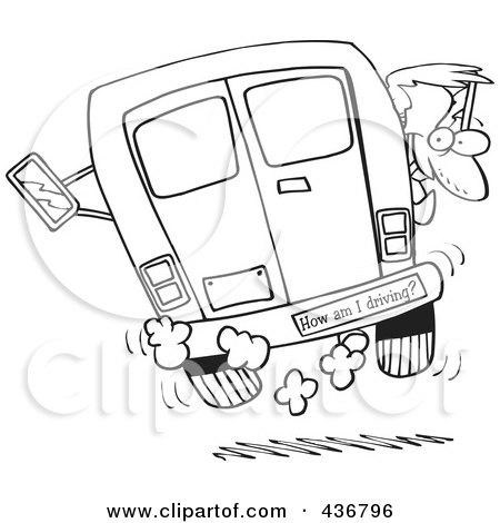 Royalty-Free (RF) Clipart Illustration of a Line Art Design Of A Crazy Driver With A How Am I Driving Bumper Sticker by toonaday