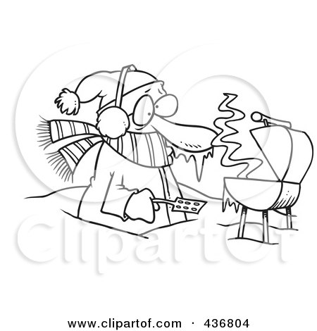 Royalty-Free (RF) Clipart Illustration of a Line Art Design Of A Cold Man Barbequeing Waist Deep In Snow by toonaday
