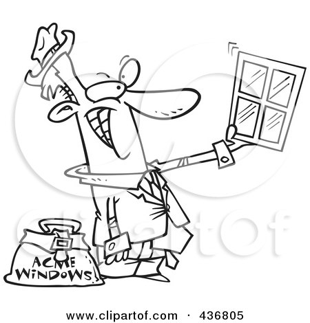 Royalty-Free (RF) Clipart Illustration of a Line Art Design Of A Window Salesman Holding Up A Window by toonaday
