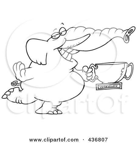 Royalty-Free (RF) Clipart Illustration of a Line Art Design Of A Successful Elephant Holding A Trophy Cup by toonaday