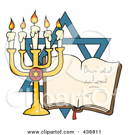 Royalty-Free (RF) Clipart Illustration of a Golden Menorah And Book In Front Of The Star Of David by Hit Toon