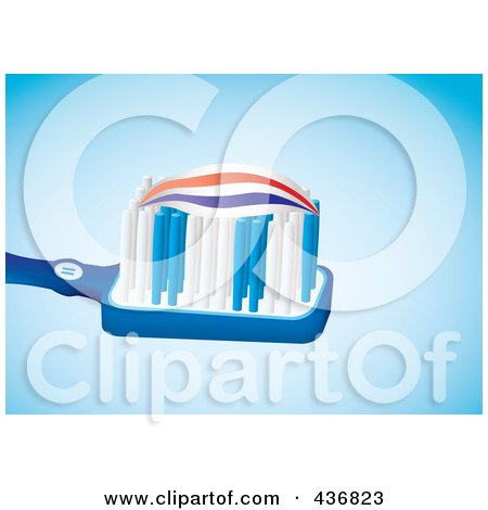 Royalty-Free (RF) Clipart Illustration of Toothpaste On A Blue Toothbrush Over Blue by michaeltravers