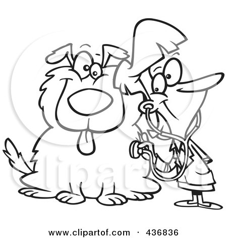 Royalty-Free (RF) Clipart Illustration of a Line Art Design Of A Female Vet Using A Stethoscope On A Dog by toonaday