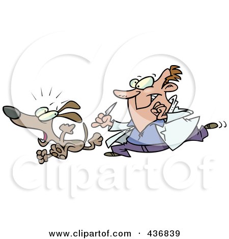 Royalty-Free (RF) Clipart Illustration of a Vet Chasing A Dog For A Neuter Surgery by toonaday