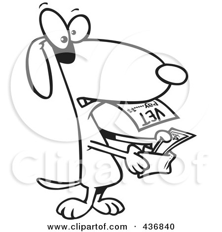 Royalty-Free (RF) Clipart Illustration of a Line Art Design Of A Dog Pulling Cash Out Of His Wallet To Pay A Vet Bill by toonaday