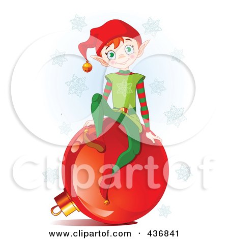 Royalty-Free (RF) Clipart Illustration of a Happy Christmas Elf Sitting On A Red Bauble, Over Snowflakes And Blue by Pushkin