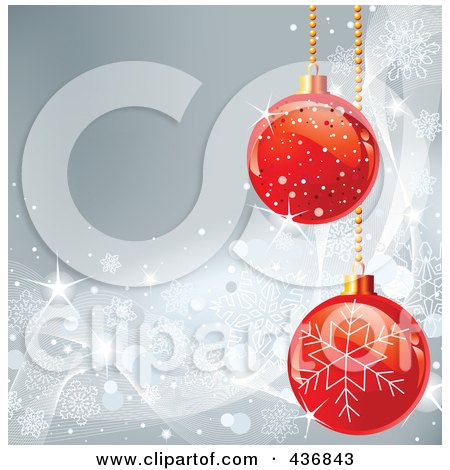 Royalty-Free (RF) Clipart Illustration of a Silver Snowflake Background With Red Christmas Baubles by Pushkin