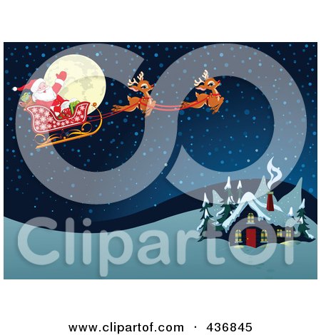 Royalty-Free (RF) Clipart Illustration of Santa Flying In The Snow Over A Cabin In A Winter Landscape by Pushkin