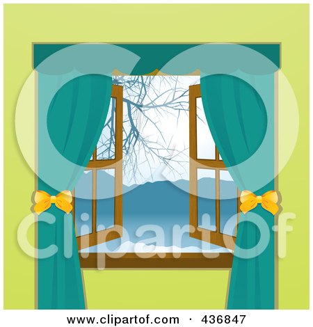 Royalty-Free (RF) Clipart Illustration of Curtains Framing A Window With A Lake And Mountain View by elaineitalia