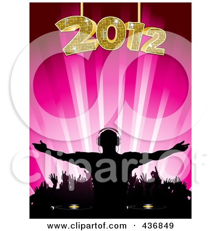 Royalty-Free (RF) Clipart Illustration of a Silhouetted Dj And Crowd Under A Golden 2012 On Pink by elaineitalia