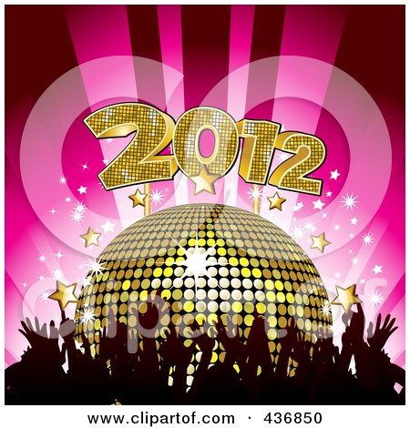 Royalty-Free (RF) Clipart Illustration of Silhouetted Hands Under A Golden Disco Ball With 2012 And Stars Over Pink by elaineitalia