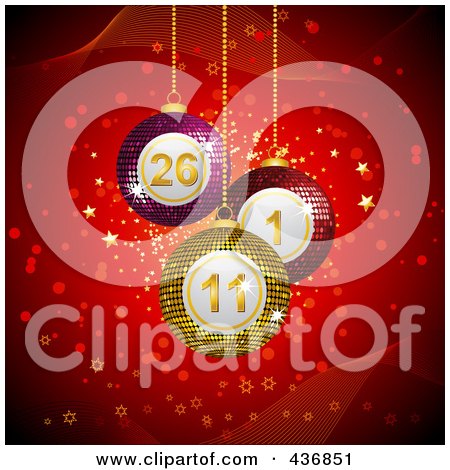 Royalty-Free (RF) Clipart Illustration of 3d Bingo Christmas Baubles Over Red Sparkles And Waves by elaineitalia