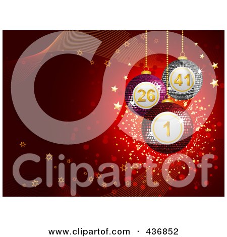Royalty-Free (RF) Clipart Illustration of 3d Bingo Christmas Balls Over Red Sparkles And Waves by elaineitalia