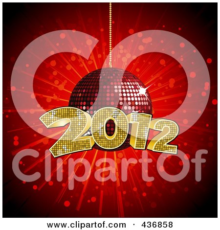 Royalty-Free (RF) Clipart Illustration of a Golden 2012 Over A Red Disco Ball On Red by elaineitalia